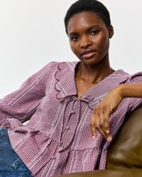 Oliver Bonas - Burgundy Gingham Scalloped Collar Tie Front Blouse, Size 18 - Lyst