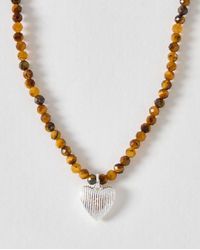 Oliver Bonas - Hestia Tiger's Eye Engraved Heart Beaded Silver Pendant Necklace - Lyst