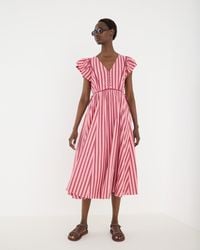 Oliver Bonas - Burgundy & Striped Tie Waist Cotton Midi Dress, Size 16 - Lyst