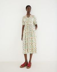 Oliver Bonas - Ivory Floral Tie Neck Tiered Midi Dress, Size 10 - Lyst