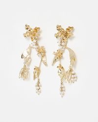 Oliver Bonas - Celeste Flower & Leaf Pearl Cluster Statement Earrings - Lyst