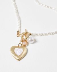 Oliver Bonas - Sienna Faux Pearl Heart Charm Pendant Necklace - Lyst