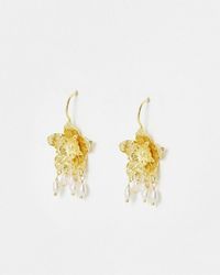 Oliver Bonas - Sarah Filigree Flower & Pearl Gold Plated Drop Earrings - Lyst