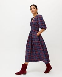 Oliver Bonas - Blue & Red Checked V-neck Puff Sleeve Midi Dress, Size 6 - Lyst