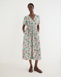 Oliver Bonas - Blue & Floral V-neck Puff Sleeve Midi Dress, Size 10 - Lyst