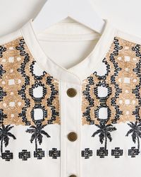 Oliver Bonas - Ecru White Embroidered Palm Sleeveless Denim Jacket, Size 16 - Lyst