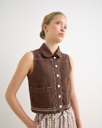 Oliver Bonas - Chocolate Cross Stitch Collared Denim Waistcoat, Size 10 - Lyst