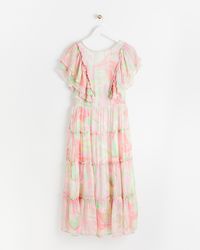 Oliver Bonas - Abstract Print Metallic Pink Midi Dress, Size 6 - Lyst