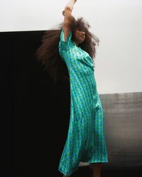 Oliver Bonas - & Green Geometric Print Satin Ruched Midi Dress - Lyst