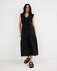 Oliver Bonas - Floral Embroidered Frill Collar Tiered Midi Dress, Size 10 - Lyst