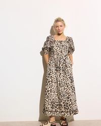 Oliver Bonas - Leopard Print Embroidered Puff Sleeve Midi Dress, Size 6 - Lyst