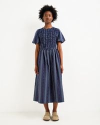 Oliver Bonas - Blue Striped Floral Jacquard Shirred Bodice Midi Dress, Size 10 - Lyst
