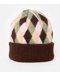 Oliver Bonas - Brown & Green Geometric Print Knitted Beanie Hat - Lyst
