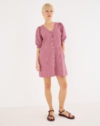 Oliver Bonas - & Burgundy Striped Seersucker Puff Sleeve Mini Dress, Size 10 - Lyst