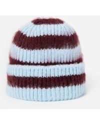 Oliver Bonas - Blue & Burgundy Striped Fluffy Knitted Beanie Hat - Lyst