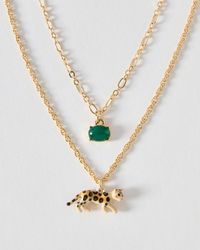 Oliver Bonas - Leesa Leopard Charm & Green Stud Double Row Necklace - Lyst