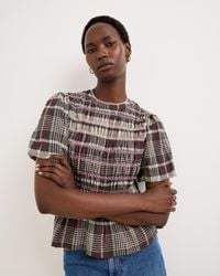 Oliver Bonas - Green & Brown Checked Shirred Puff Sleeve Top, Size 10 - Lyst