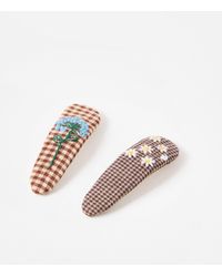 Oliver Bonas - Bailey Checked Embroidered Flower Hair Clips Set Of Two - Lyst