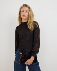 Oliver Bonas - Brown Leopard Print Shirred Long Sleeve Mesh Top, Size 6 - Lyst