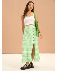 OMNES - Adria Check Print Side Button Frill Hem Skirt - Lyst