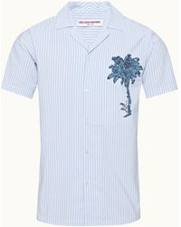 Orlebar Brown - Orlebar Light Island Sky/ Stripe Palm Embroidery Capri Collar Cotton Shirt - Lyst