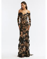 Oscar de la Renta Floral Sequin Embroidered Gown - Black