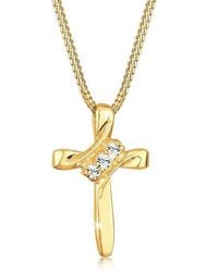Elli Jewelry - Kette Mit Anhänger Kreuz 925Er Silber Vergoldet, Mit Kristallen Von Swarovski, Kreuz - Lyst