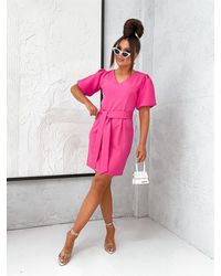 EloModa - Midikleid Elegantes kleid mit Gürtel und Puffärmeln Mittellanges Kleid Made in EU - Lyst