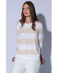 Passioni - Streifenpullover Beige-Weiß gestreifter Pullover mit Rundhalsausschnitt und 7/8 Ärmeln - Lyst