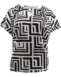 Passioni - Schwarz-weißes T-Shirt mit Kasten Print und Dekolletee Fenster - Lyst