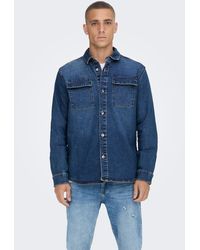 Only & Sons - Langarmhemd Jeans Hemd Denim Langarm Shirt Freizeit Shacket ONSCAMON 5029 in Blau - Lyst