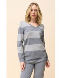 Passioni - Strickpullover mit V-Ausschnitt, grauen Streifen und einer Tasche vorne - Lyst