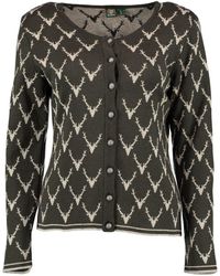 OS-Trachten - Strickjacke Ewipe Tailliert, lang geschnitten, Rundhals, Allover-Stick, Metallknöpfe - Lyst