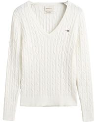GANT - V-Ausschnitt- 4800101 Pullover mit Zopfstrickmuster - Lyst
