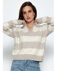 SassyClassy - Strickpullover Gestreifter Pullover Mit Polokragen Für Damen Moderner Strickpullover Mit V-Ausschnitt Und Wollanteil - Lyst