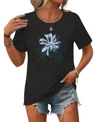 PYL - Rundhalsshirt Sommershirt Kurzarm mit Blumen Ausgefallene Tees Bequem für Freizeit und Büro,Strandurlaub - Lyst