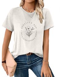 PYL - Rundhalsshirt bequemes Sommer Kurzarmbluse Locker Blumen Gras Print-Shirt Bequem für Freizeit und Büro,Strandurlaub - Lyst