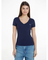 Tommy Hilfiger - T-Shirt Slim Essential Rib V-Neck Rippshirt mit Logostickerei - Lyst