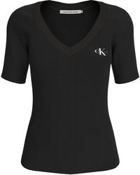 Calvin Klein - T-Shirt WOVEN LABEL RIB V-NECK TEE mit Logomarkenpatch - Lyst