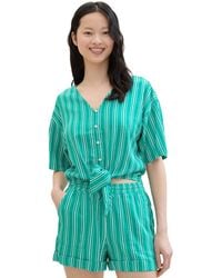 Tom Tailor - Blusenshirt knotted linen mix blouse, green white vertical stripe - Lyst