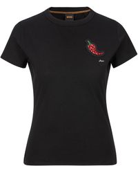 BOSS - T-Shirt Endora Premium mode mit Raffungen, glitzerndes Badge - Lyst
