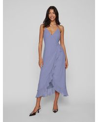 Vila - Abendkleid Elegantes Wickelkleid mit Spaghettiträger Volant Rüschen - Lyst