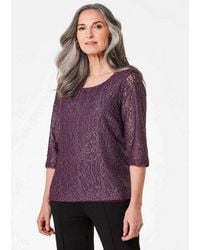Goldner - Klassische Bluse Kurzgröße: Elegantes Blusenshirt Mit Glanzeffekt Viskosebluse Mit Spitze, Rundhals Und 3/4-Arm - Lyst