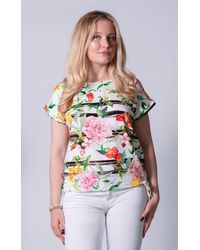 Passioni - Print- Weißes T-Shirt buntem Blumenprint Streifen, Tunnelzug am Saum mit Bindebändern - Lyst