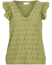 Vila - Blusenshirt -Ausschnitt mit Lochmuster und Rüschenärmeln Blickdicht VIAMALINA V-NECK C/S TOP/PB - Lyst