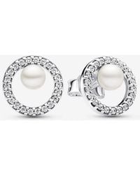 PANDORA - Treated Freshwater Cultured Pearl & Pavé Halo Stud Earrings - Lyst