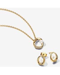 PANDORA - Essence 14k Gold-plated Treated Freshwater Cultured Pearl Necklace And Earring Gift Set - Lyst