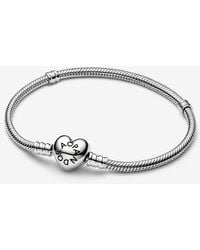 PANDORA - Moments Platinum-Plated Heart Clasp Snake Chain Bracelet - Lyst