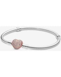 PANDORA - Pavé Heart Clasp Snake Chain Bracelet - Lyst