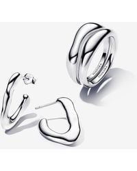 PANDORA - Essence Sterling Silver Organically V-shaped Open Hoop Ring And Earrings Gift Set - Lyst